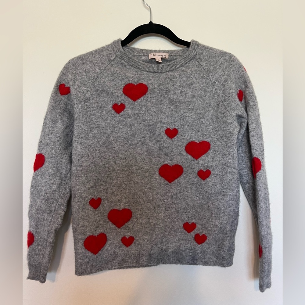 EUC Philosophy Women’s Large Sweater Gray Cashmere Knit Love Heart Pullover